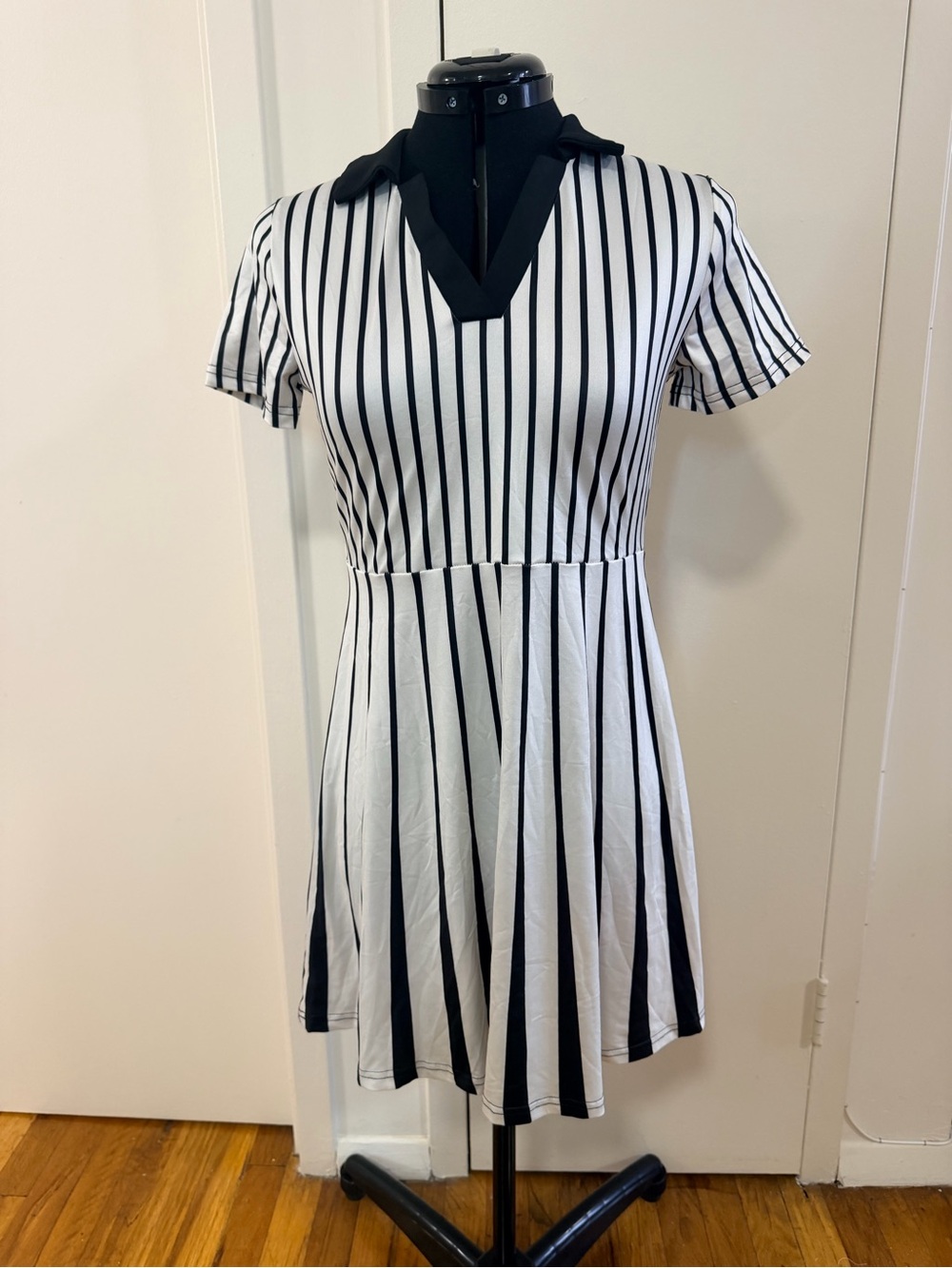 Black and White Striped V-Neck Fit-and-Flare Dress Referee Halloween Costume